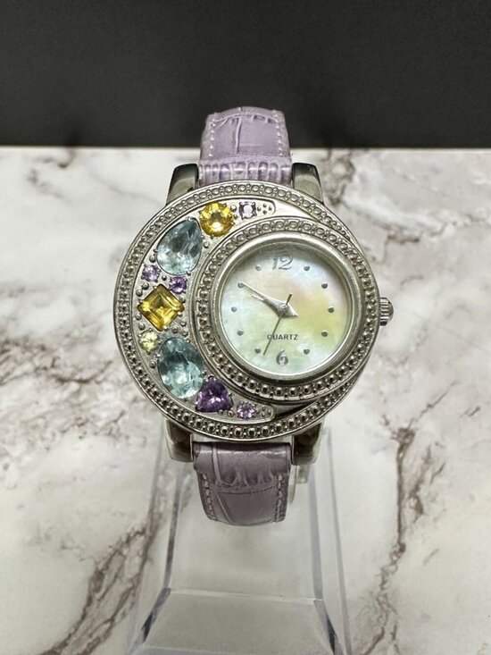 Rhinestone Watch Women Silver Tone Mother of Pearl Dial Leather Band New Battery main image 13